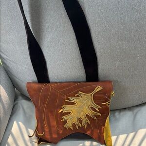 Brown Leather Crossbody Bag with Leaf Design